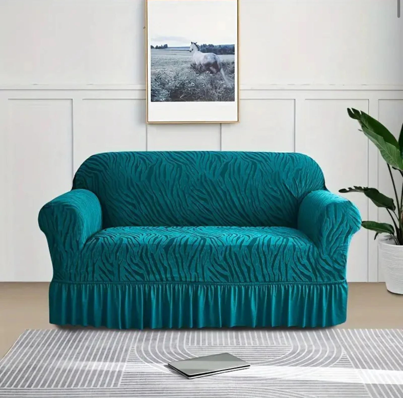 Zebra Style Velvet Sofa Cover (Green)