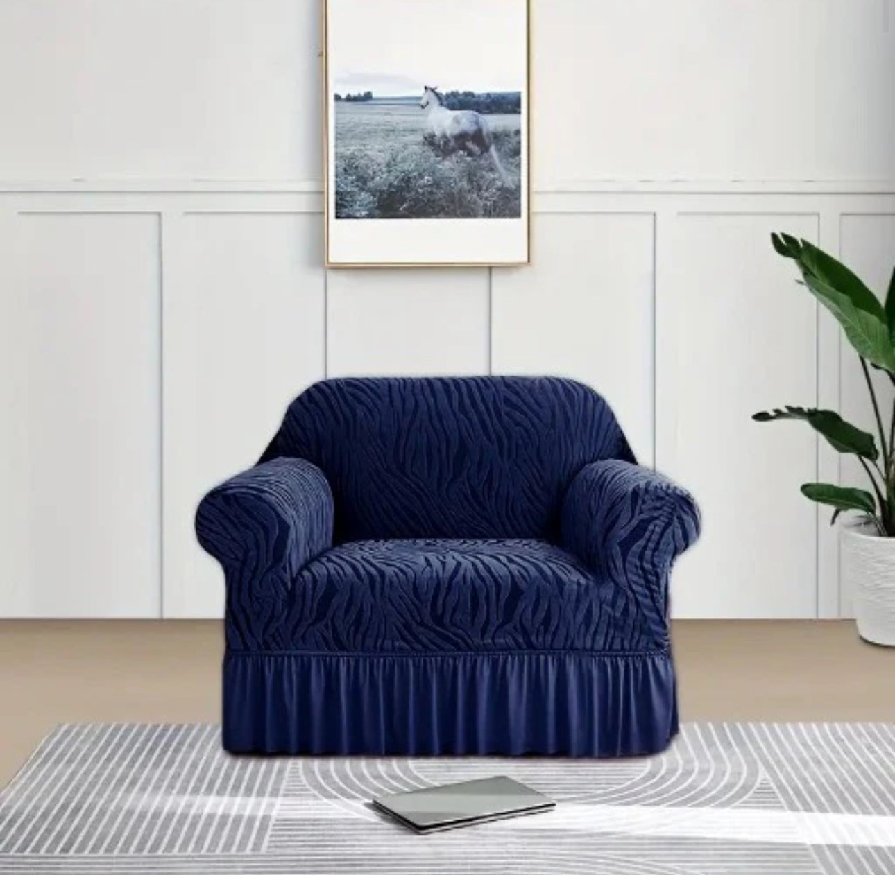 Zebra Style Velvet Sofa Cover (Dark Blue)