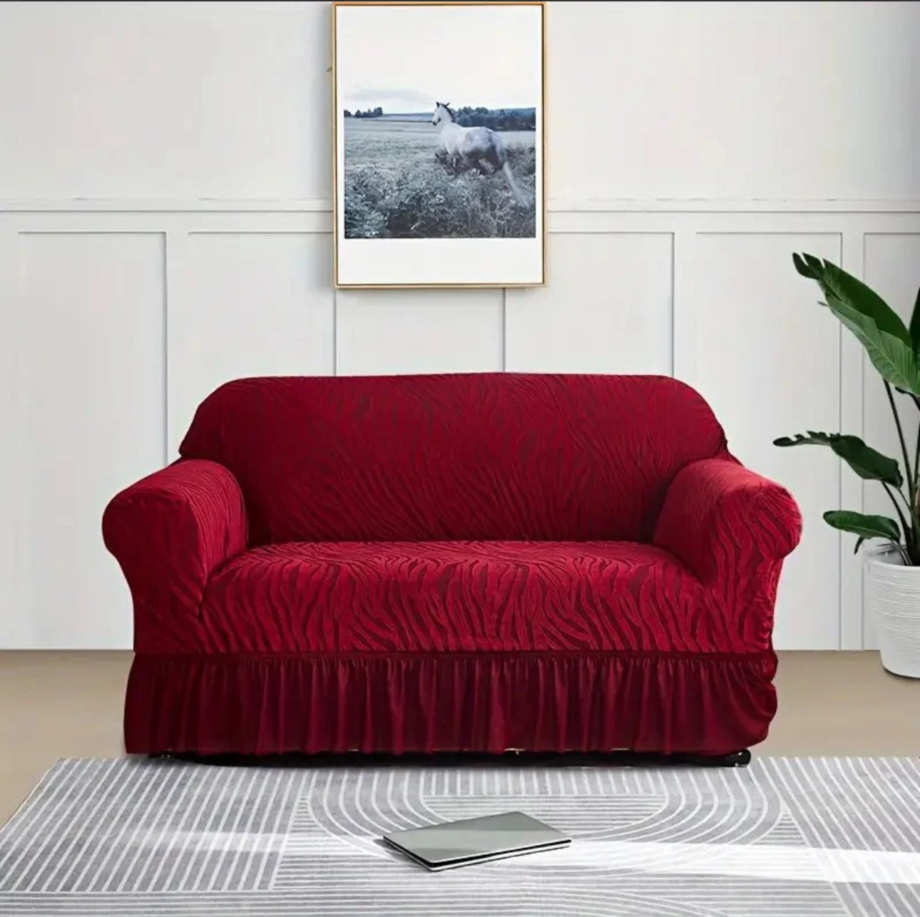 Zebra Style Velvet Sofa Cover Maroon