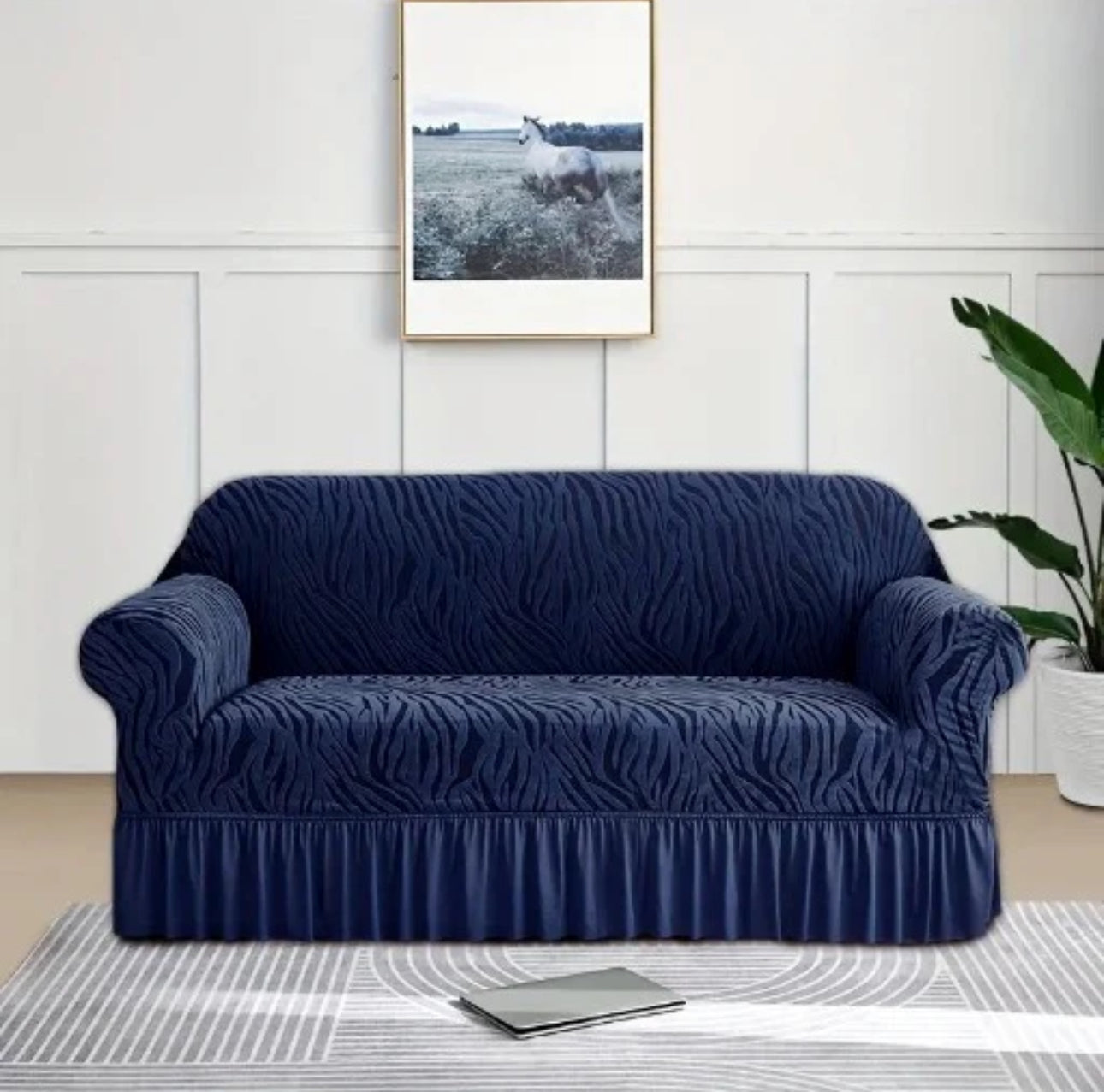 Zebra Style Velvet Sofa Cover (Dark Blue)
