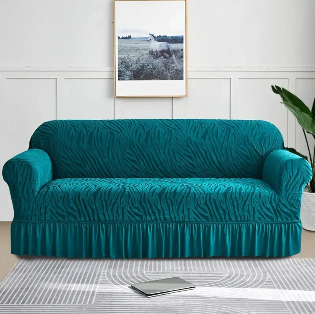 Zebra Style Velvet Sofa Cover (Green)